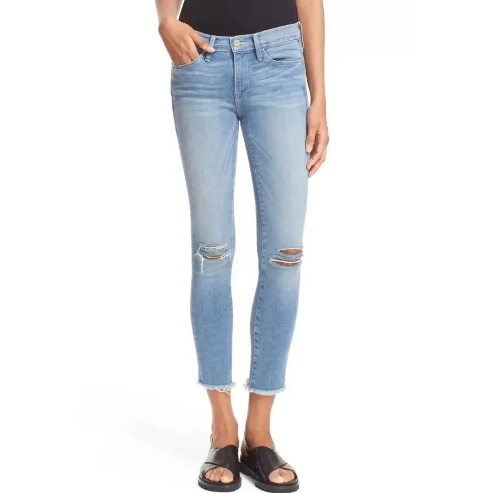 Frame Denim Distressed Knee Le Skinny De Jeanne Raw Edge Jeans